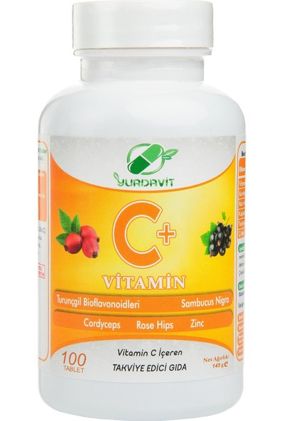 Yurdavit Vitamin C 1000 Mg C Vitamini Kuşburnu Kara Mürver Çinko Kordiseps Turunçgil 4 Adet 100 Tablet