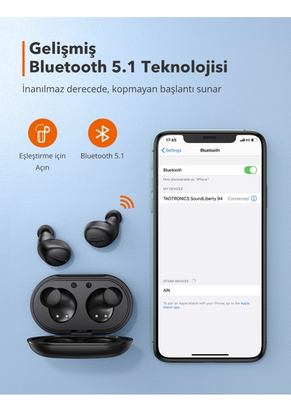 TaoTronics SoundLiberty 94 Şarj Kılıflı Dört Mikrofonlu Aktif Gürültü Engelleyicili USB-C Bluetooth Kulaklık 32 Saat Müzik