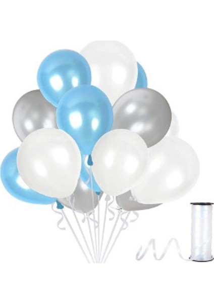 9 Adet Gümüş Beyaz Mavi Metalik Balon 3'lü Renk 12 Inç