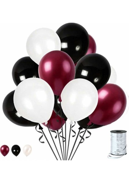 9 Adet Bordo Beyaz Siyah Metalik Balon 3'lü Renk 12 Inç