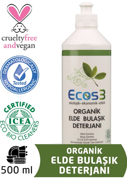 Elde Bulaşık Deterjanı, Organik & Vegan Sertifikalı, Ekolojik, Hipoalerjenik, Aloe Vera’lı, 500ml