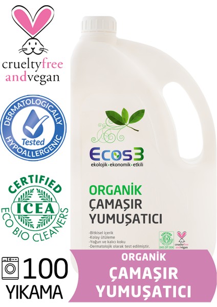 Çamaşır Yumuşatıcı, Organik & Vegan Sertifikalı, Ekolojik, Extra Konsantre, 100 Yıkama, 2500ml