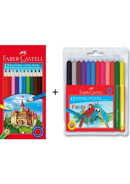 12'li Kuru Boya + Faber-Castell Fiesta 12 Renk Keçeli Kalem