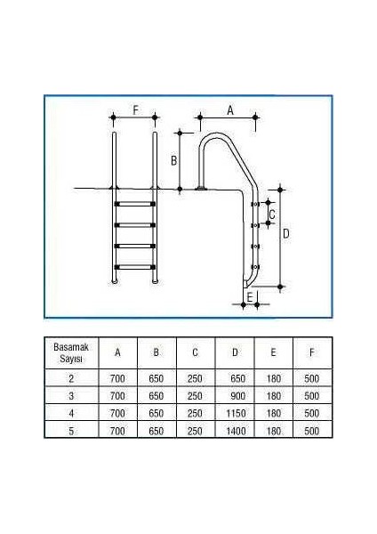 Standart Tip 4 Basamaklı Aısı 304 Paslanmaz Çelik Havuz Merdiveni