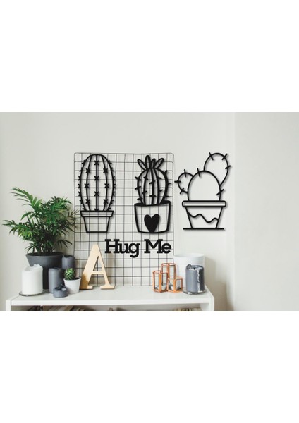 Kaktüs Duvar Dekoru + Hug Me 3 Lü Kaktüs Duvar Süsü Kaktüs Tablosu