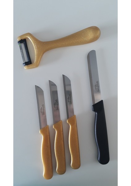 3 Adet Simli Gold Meyve Bıçağı, 1 Adet Düz Soyacak ve 1 Mikro Tırtıklı Doğrama Bıçağı Seti