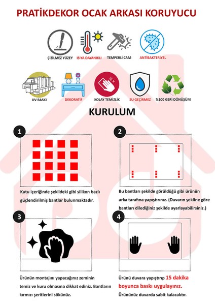 Cam Ocak Arkası Koruyucu | Taş Desenli