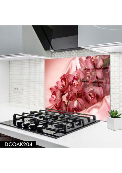 Cam Ocak Arkası Koruyucu | Pembe Çiçek