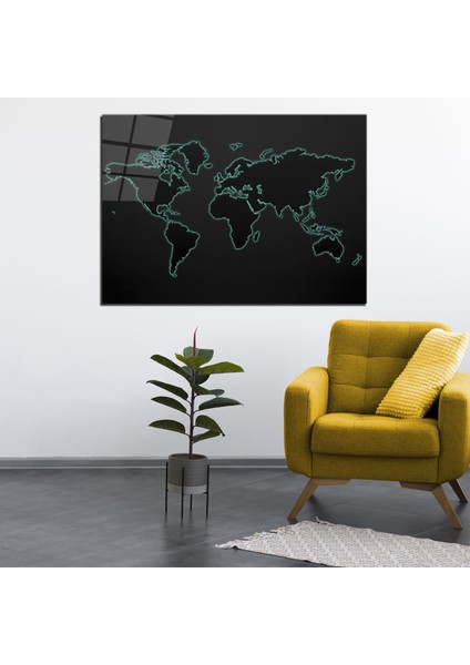 Siyah Dünya Haritası Cam Tablo 50 x 70 cm Uv Baskı Temperli