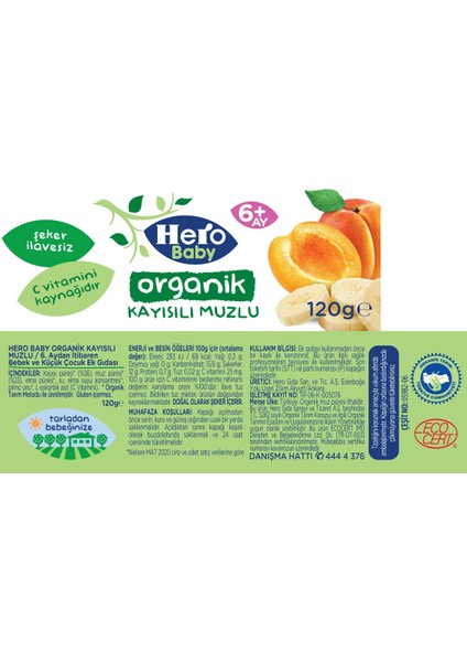 Hero Baby Organik Kayısı Muz Püresi Kavanoz Mama 120g