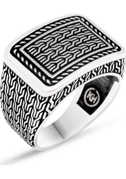 925 Ayar Gümüş Dörtgen Tasarım Simetrik Desen Erkek Yüzük
