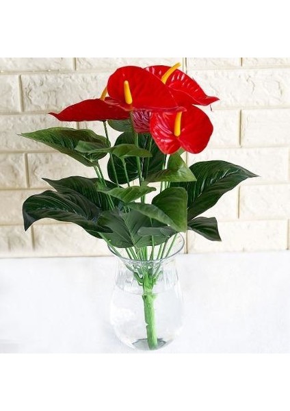 Islak Antoryum Kırmızı Yapay Çiçek Etli 1.kalite 3 Kafalı Anthurium