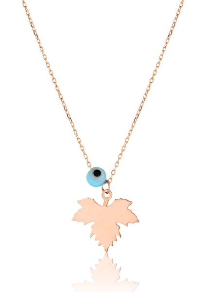 Nazar Boncuklu Gümüş Çınar Yaprağı Kolye