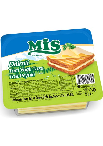 Dilimli Tam Yağlı Tost Peyniri 75 gr