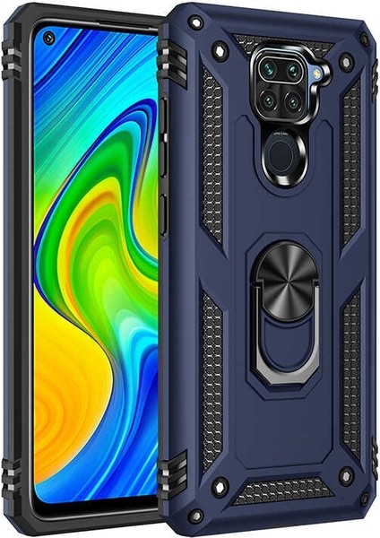 Xiaomi Redmi Note 9 Kılıf Tank Koruma Vega Standlı Yüzüklü Mıknatıslı Lacivert