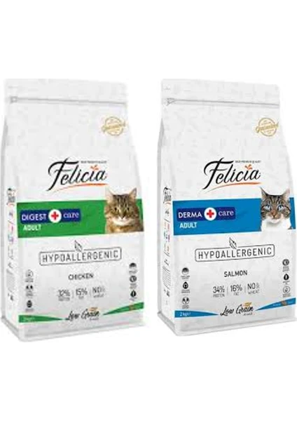 Tavuklu Yetişkin Kedi Maması 2 kg + Felicia Az Tahıllı Somonlu Yetişkin Kedi Maması 2 kg