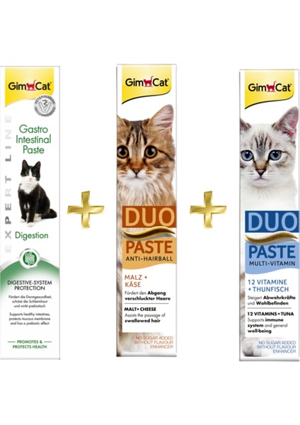 Gastro Intestinal Paste Sindirim Destekleyici 50 gr + Gimcat Duo Paste Peynirli Malt Kedi Macunu 50 gr + Gimcat Duo Paste Ton Balıklı 12 Vitaminli 50 gr ARDA021