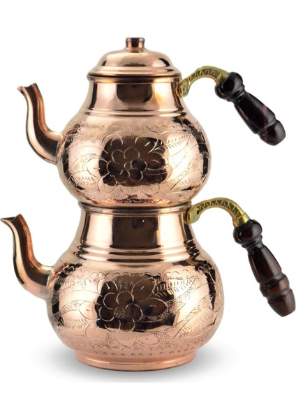 Kalın Kırmızı Bakır İşlemeli Kalay Kaplı Bakır Çaydanlık