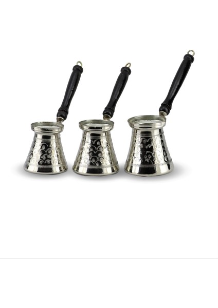 Ahşap Saplı Nikelli Kalaylı Üçlü Bakır Cezve Takımı