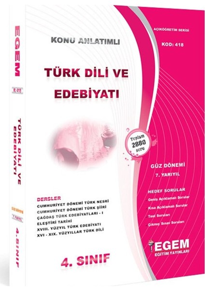 Egem Eğitim Yayınları AÖF 4. Sınıf Türk Dili ve Edebiyatı Konu Anlatımlı Soru Bankası -Güz Dönemi(7. Yarıyıl)