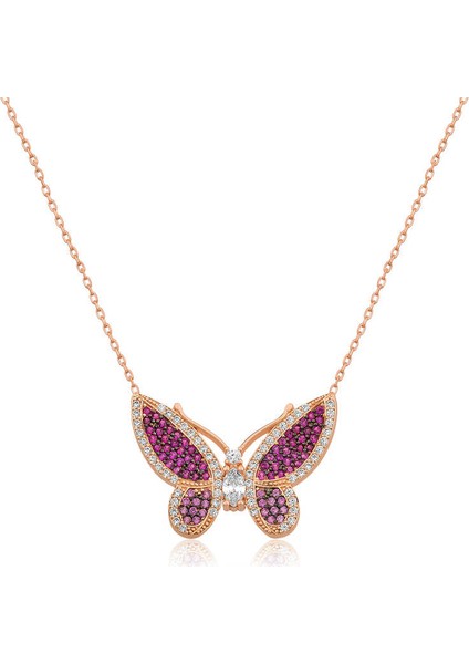 Gümüş Pembe Kelebek Kadın Kolye