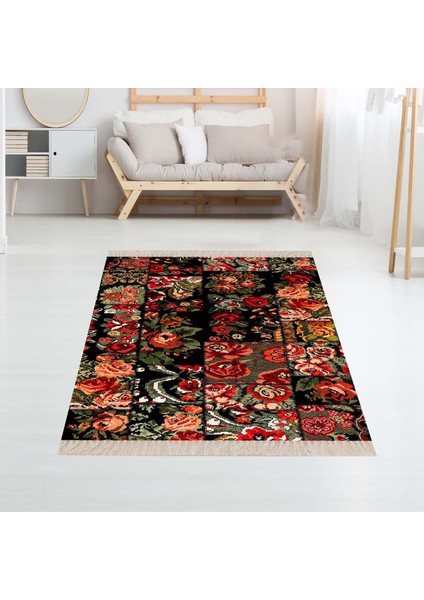 Patchwork Gül Desenli Dijital Baskı Yıkanabilir Kaymaz Taban Kilim Model Modern Salon Halısı