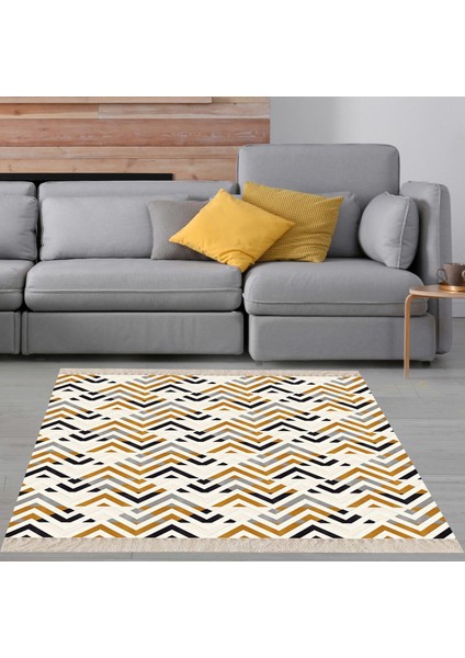 Geometrik Zigzag Desenli Dijital Baskı Yıkanabilir Kaymaz Taban Klasik Salon Halısı