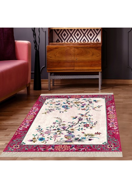 Çiçek Desenli Etnik Dijital Baskı Yıkanabilir Kaymaz Taban Salon Halı ve Yolluk