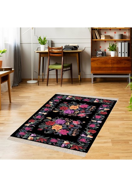 Otantik Gül Desenli Etnik Dijital Baskı Kaymaz Taban Yıkanabilir Modern Salon Halı ve Yolluk (Siyah)
