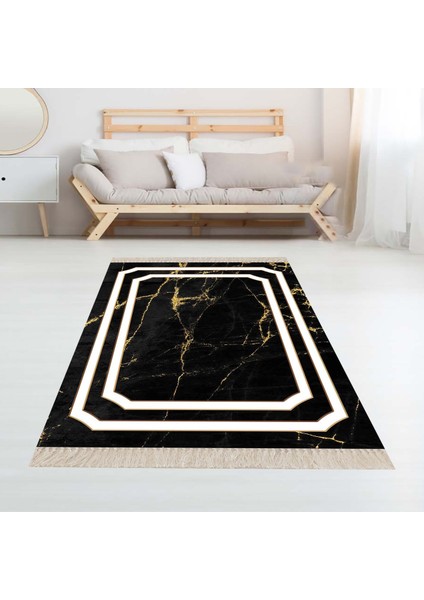 Siyah Zemin Gold Şeritli Mermer Desenli Dijital Baskı Yıkanabilir Kaymaz Taban Salon Halı ve Yolluk