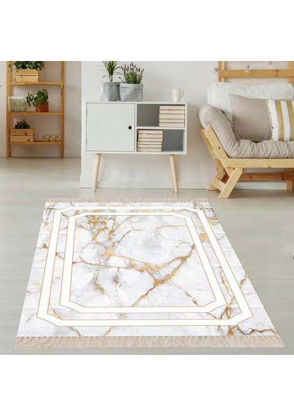 Beyaz Zemin Gold Şeritli Mermer Desenli Dijital Baskı Yıkanabilir Kaymaz Taban Salon Halı ve Yolluk