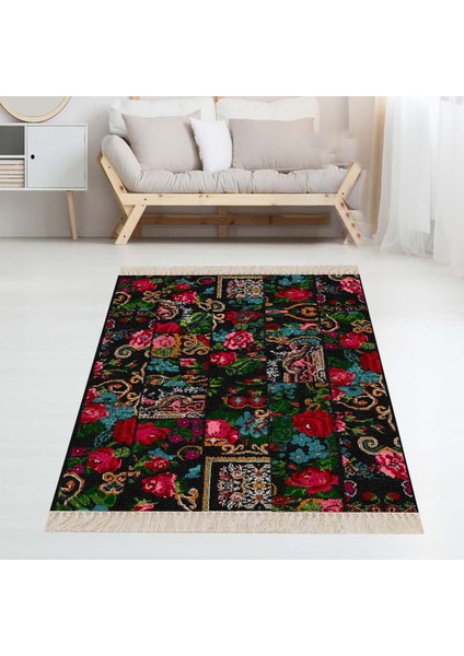 Patchwork Gül Desenli Dijital Baskı Yıkanabilir Kaymaz Taban Modern Salon Halı