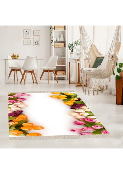 Lale Çiçek Desenli Beyaz Dijital Baskı Yıkanabilir Etnik Salon Halı ve Yolluk