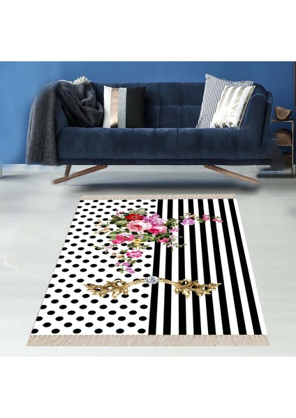 Puantiye Desenli Gül Motifli Dijital Baskı Yıkanabilir Kaymaz Taban Modern Salon Halısı
