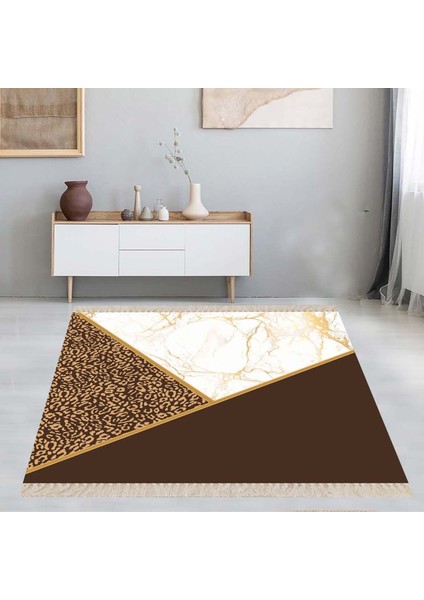 Renk Bloklu Leopar Desenli Dijital Baskı Yıkanabilir Modern Salon Halısı