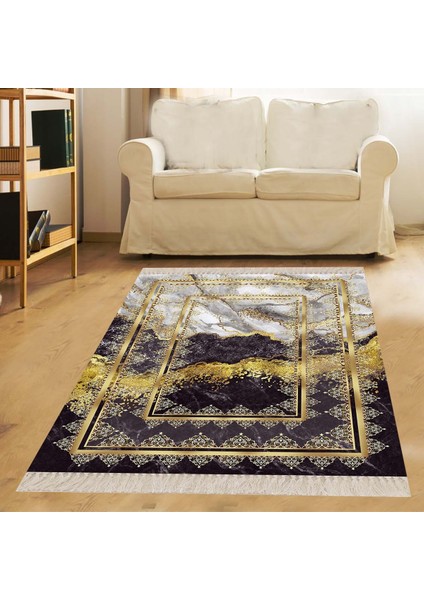 Mermer Desenli Gold Geçişli Dijital Baskı Yıkanabilir Kaymaz Taban Modern Salon Halısı ve Yolluk