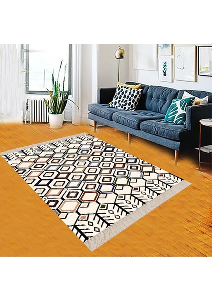 Geometrik Karo Desenli Dijital Baskı Yıkanabilir Kaymaz Taban Etnik Kilim Desen Salon Halı