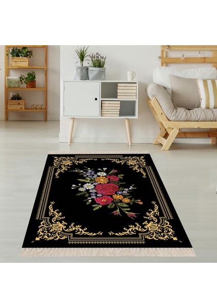 Baskı Nakış Gül Desenli Dijital Baskı Yıkanabilir Kaymaz Taban Etnik Kilim Desen Salon Halı