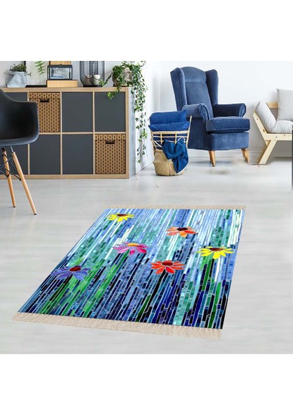 Papatya Desenli Dijital Baskı Yıkanabilir Kaymaz Taban Modern Salon Halı