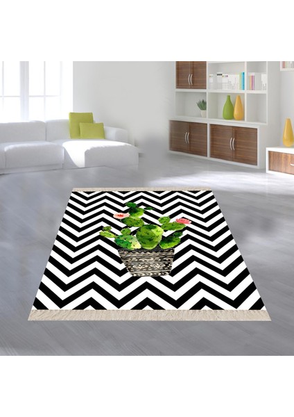 Kaktüs Desenli Zigzag Model Dijital Baskı Yıkanabilir Kaymaz Taban Modern Salon Halısı ve Yolluk
