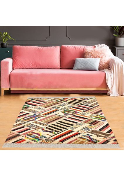 Patchwork Kırkyama Desenli Dijital Baskı Yıkanabilir Kaymaz Taban Etnik Salon Halısı