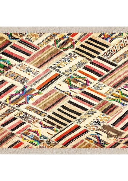 Patchwork Kırkyama Desenli Dijital Baskı Yıkanabilir Kaymaz Taban Etnik Salon Halısı