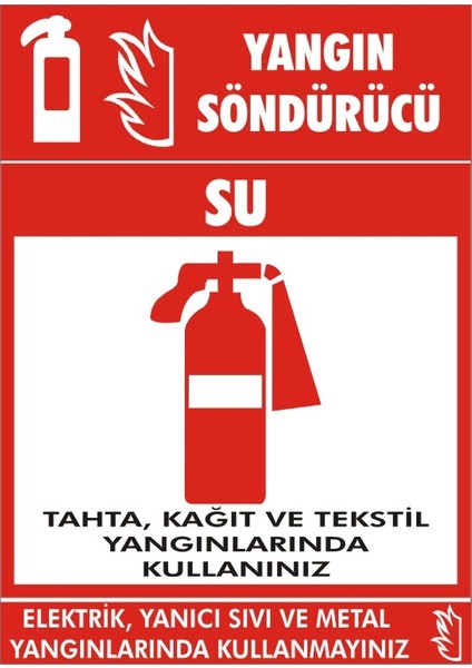 Yangın Söndürücüsü SuTahta, Kağıt ve Tekstil Yangınlarında Kullanınız Galvaniz Uyarı Levhası 17,5 x 25 cm