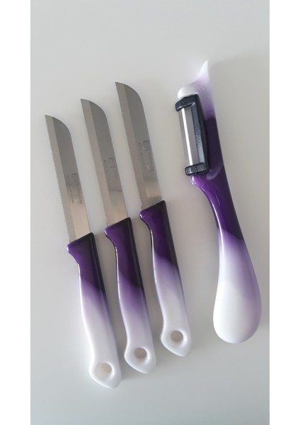 3 Adet Ebruli Mor Meyve Bıçağı ve 1 Adet Topuz Saplı Yan Soyacak Seti