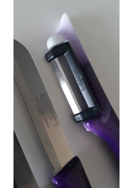 3 Adet Ebruli Mor Meyve Bıçağı ve 1 Adet Topuz Saplı Yan Soyacak Seti modelleri