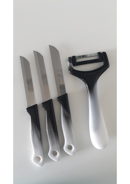 3 Adet Ebruli Siyah Meyve Bıçağı ve 1 Adet Düz Soyacak Seti