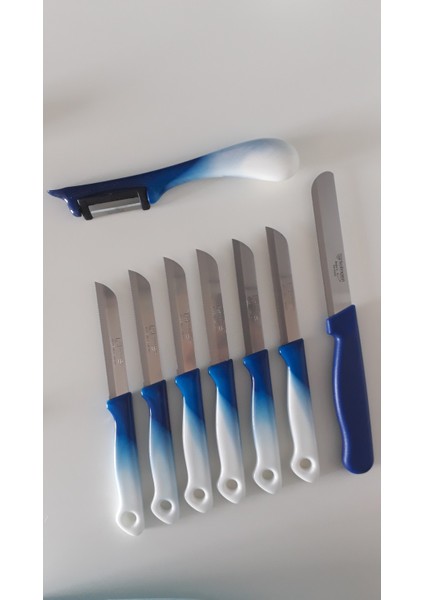 6 Adet Ebruli Mavi Meyve Bıçağı 1 Adet Topuz Saplı Yan Soyacak ve 1 Adet Mikro Tırtıklı Doğrama Bıçağı Seti