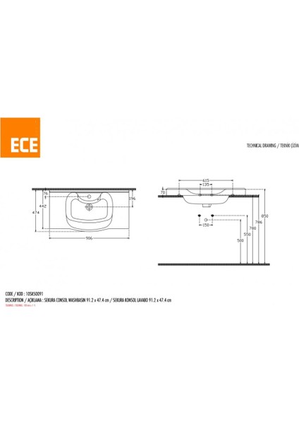 Ece Banyo Sekura Lavabo 91 cm