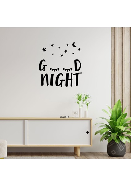 El Yazısı ile Yazılmış Sevimli Şekilde Good Night Yazısı Sticker 60x58cm - Siyah