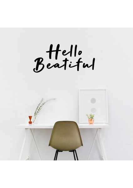 El Yazısı ile Yazılmış Hello Beatiful Yazısı Sticker 60x27cm - Siyah